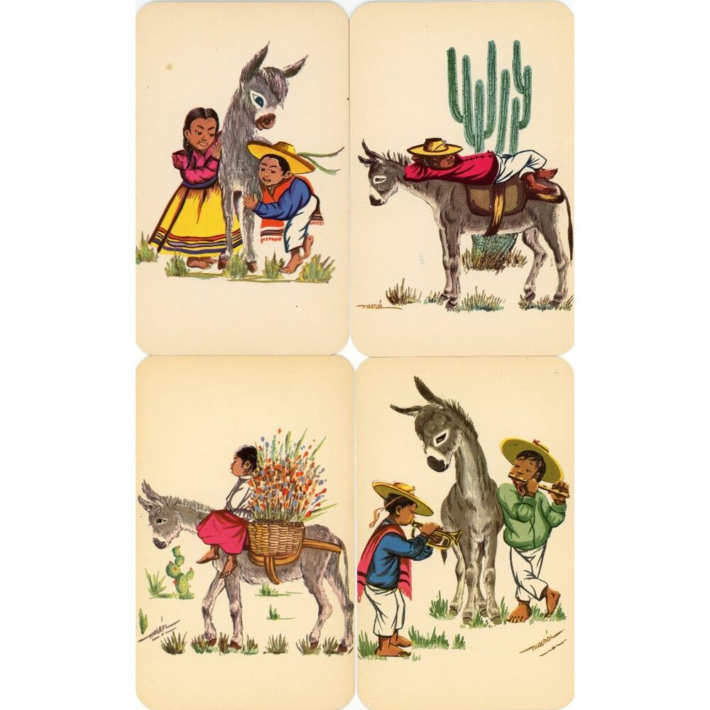 Set Of 4 Vintage Mexican Postcards With Children & Donkeys Ammex Asociados #1671